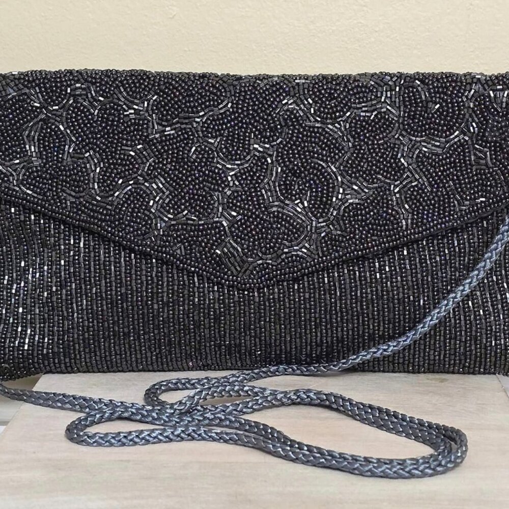 Beaded handbag, gray beaded bag, designer Valerie Stevens